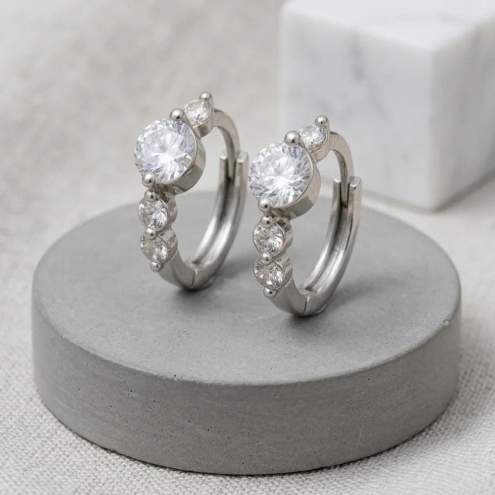 Dainty Sterling Silver CZ Huggie Hoop Earrings 0.45